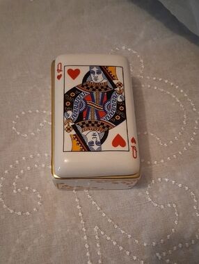 Porcelain Trinket Box with Queen of Hearts Playing Card Design
